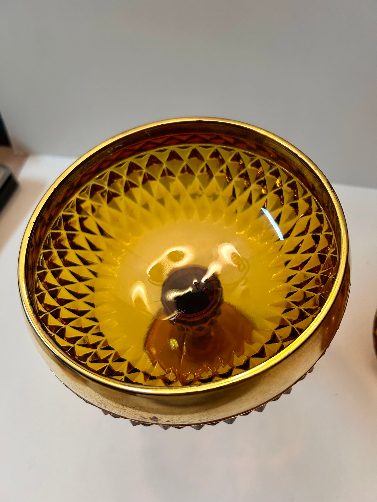 Vintage Amber Diamond Point Glass Candy Dish with Gold Trim