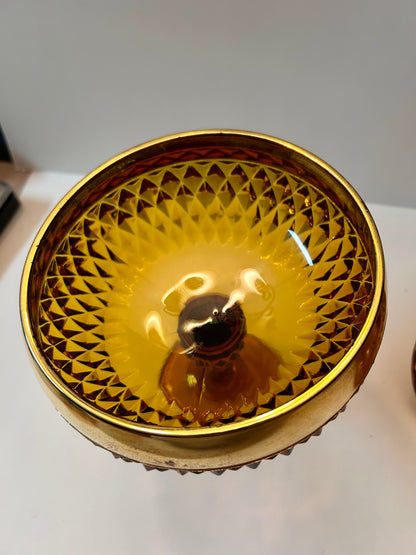 Vintage Amber Diamond Point Glass Candy Dish with Gold Trim