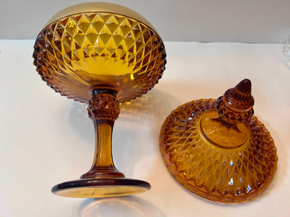 Vintage Amber Diamond Point Glass Candy Dish with Gold Trim
