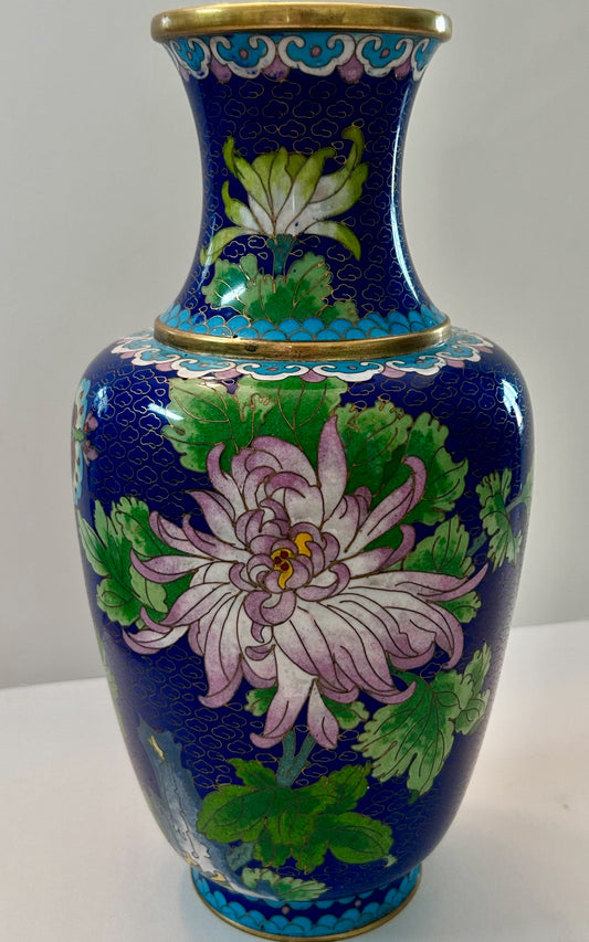 Vintage Cloisonné Over Copper Vase 12" H - Chrysanthemum & Butterfly Design