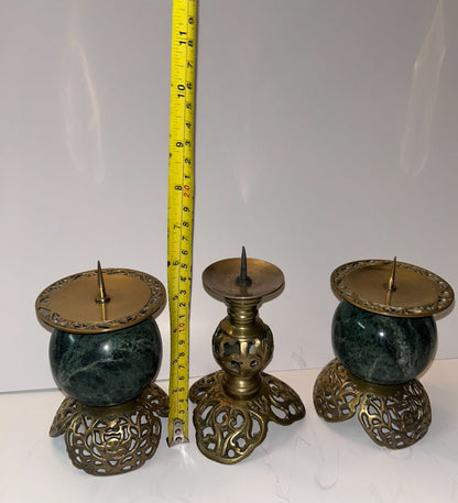 Vintage Dark Green Marble and Bronze Filigree Candle Holders(Set of 2)