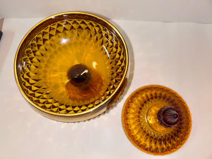 Vintage Amber Diamond Point Glass Candy Dish with Gold Trim