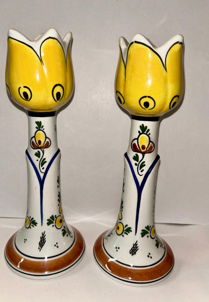 Unique Set Hand-Painted Yellow Tulip Delftware Candle Holders