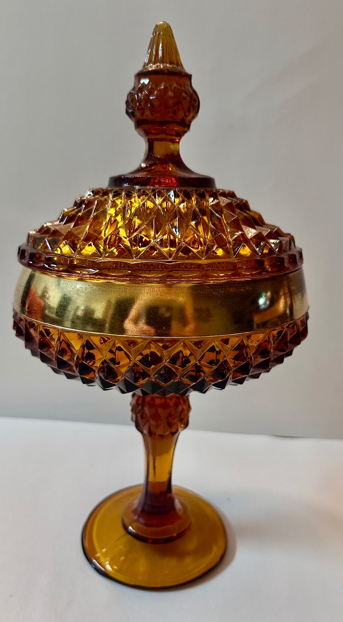 Vintage Amber Diamond Point Glass Candy Dish with Gold Trim