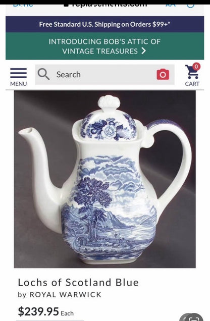 Royal Warwick Lochs of Scotland Blue Teapot and Royal Stafford & Crown Plates