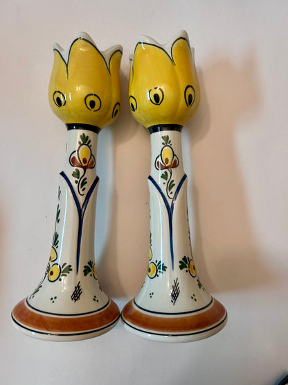 Unique Set Hand-Painted Yellow Tulip Delftware Candle Holders