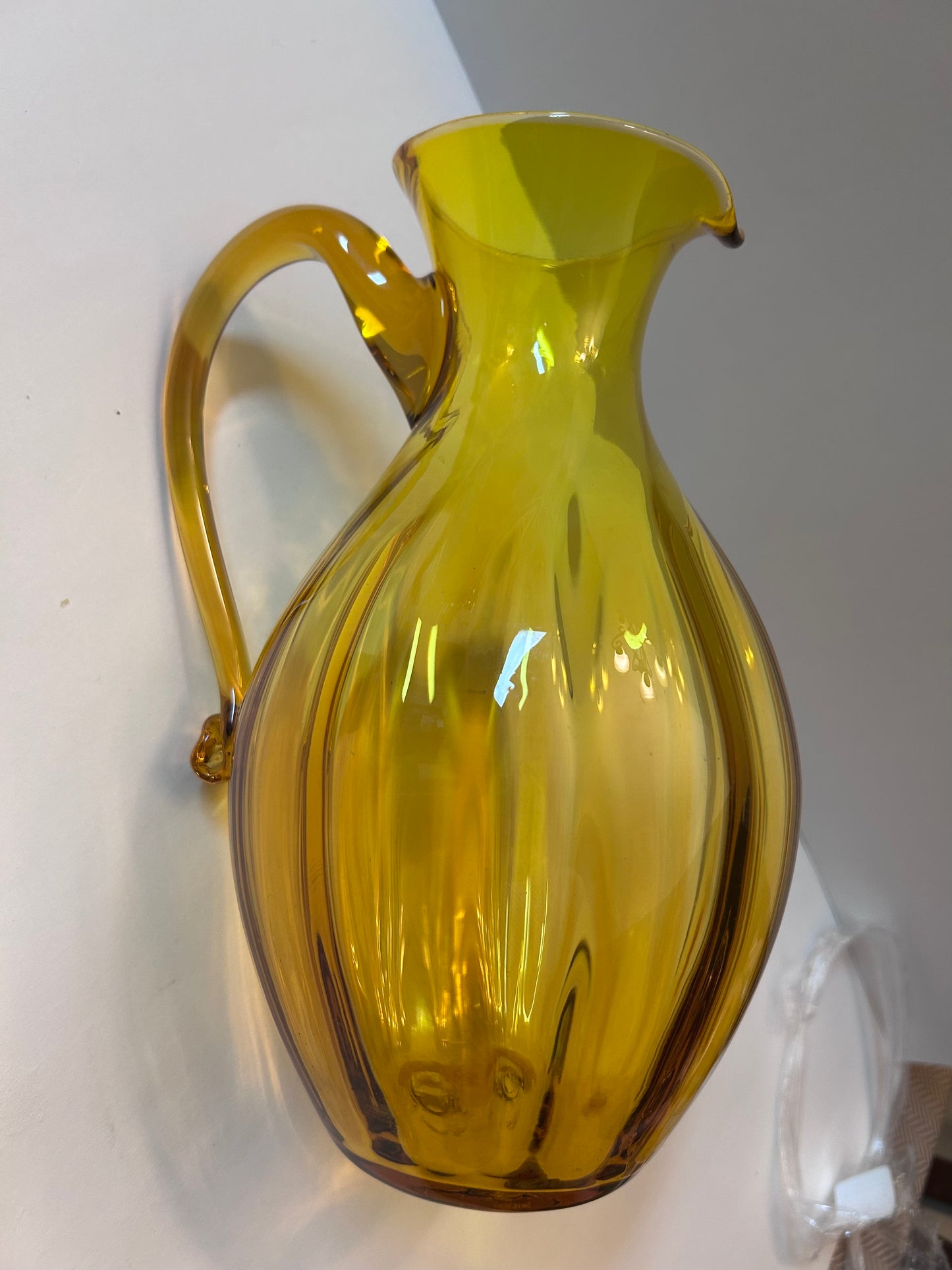 Vintage Blenko Light Amber Art Glass Pitcher with Fluted Ribs