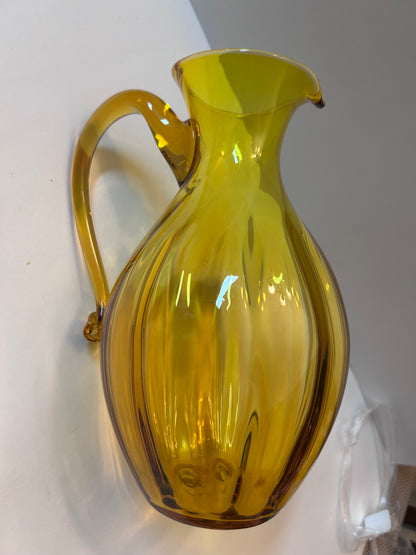 Vintage Blenko Light Amber Art Glass Pitcher with Fluted Ribs