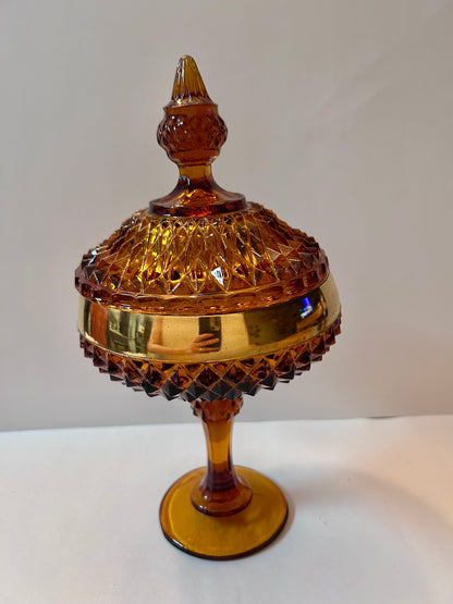 Vintage Amber Diamond Point Glass Candy Dish with Gold Trim