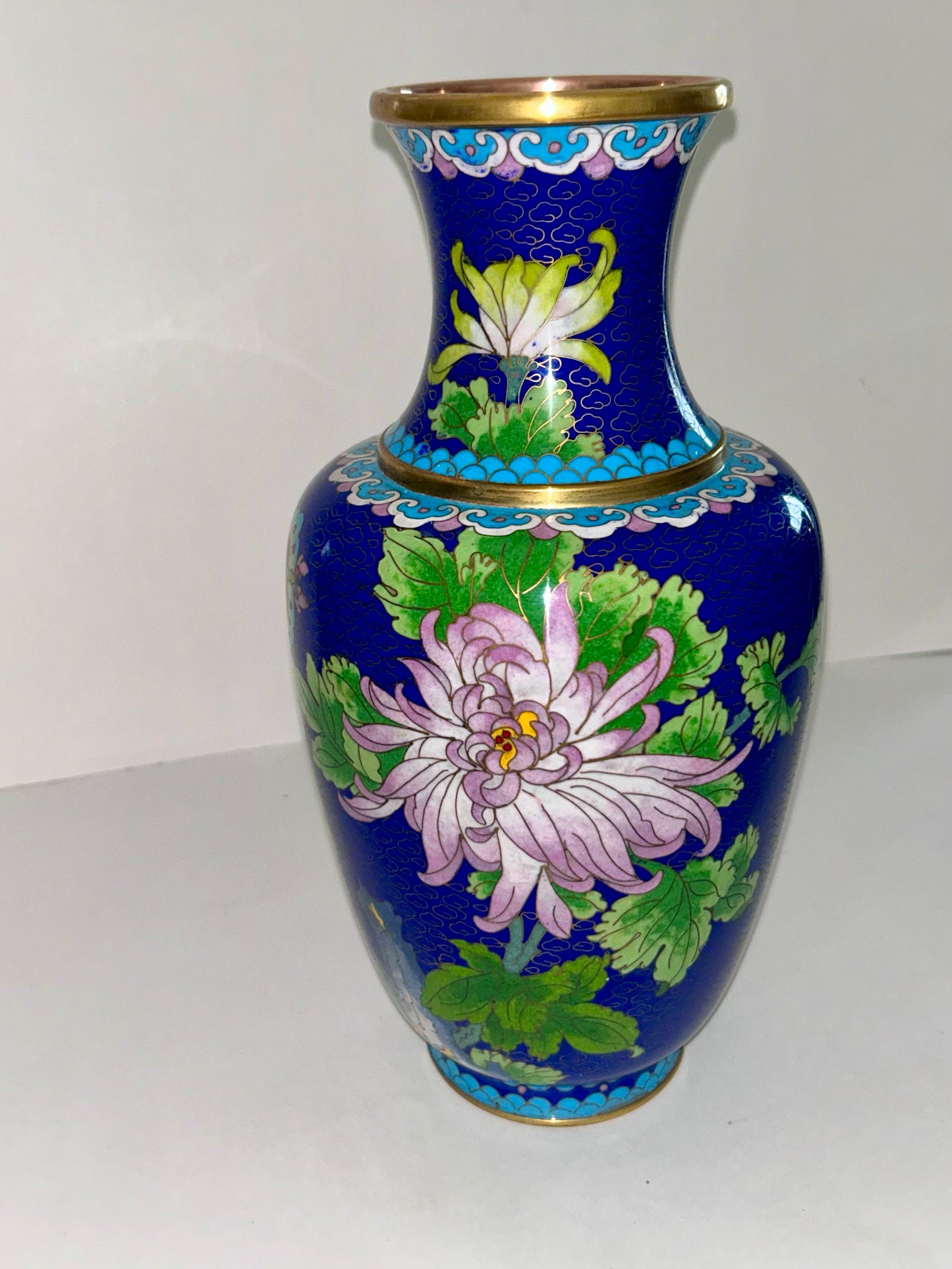 Vintage Cloisonné Over Copper Vase 12" H - Chrysanthemum & Butterfly Design