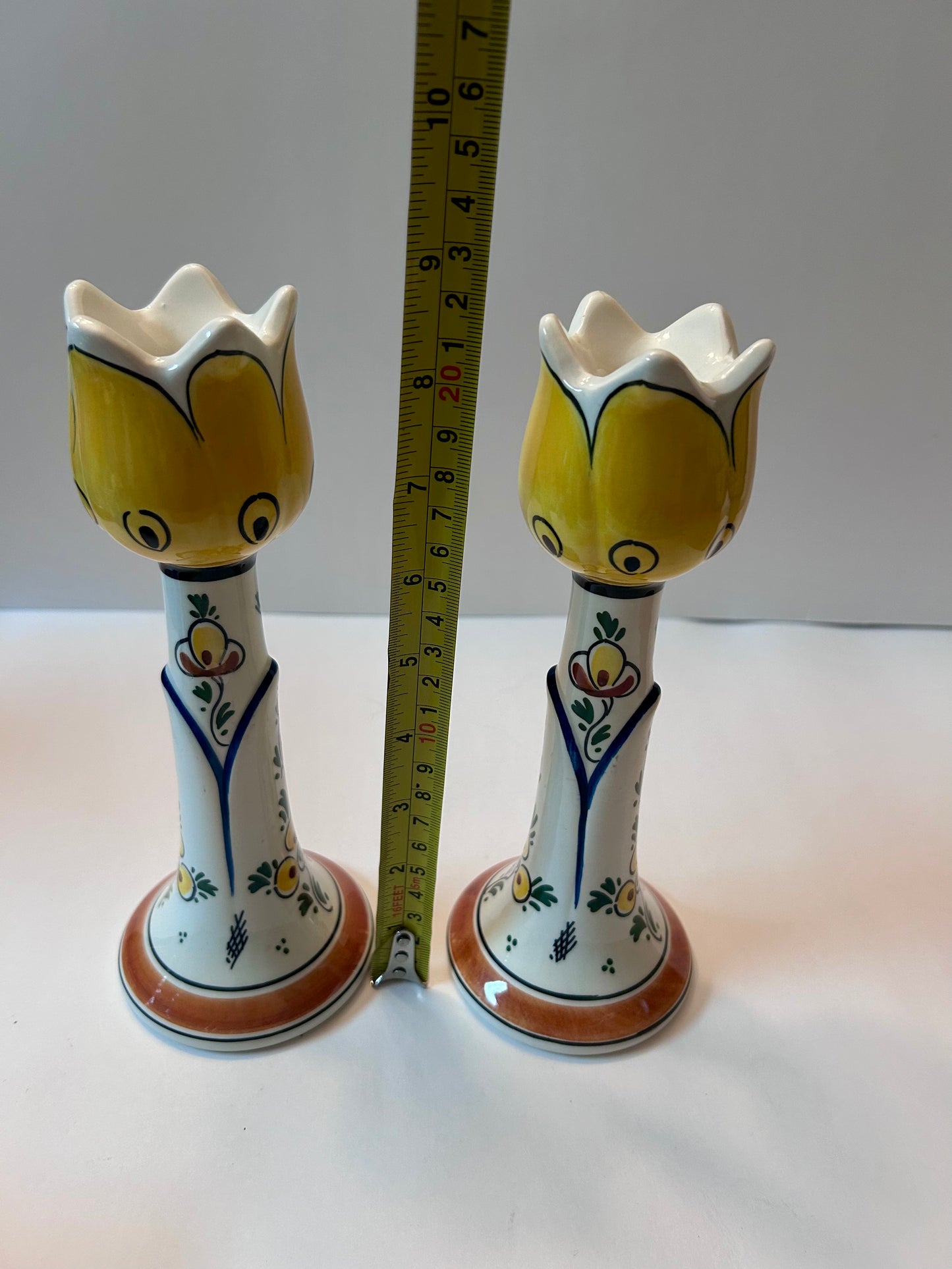 Unique Set Hand-Painted Yellow Tulip Delftware Candle Holders