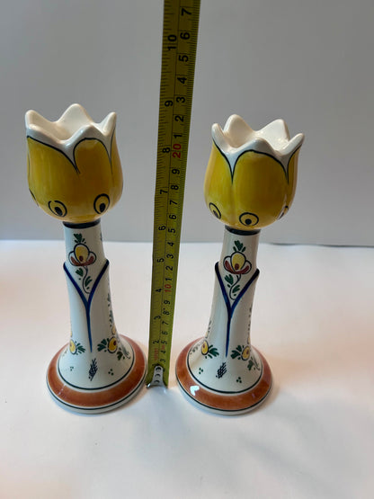 Unique Set Hand-Painted Yellow Tulip Delftware Candle Holders