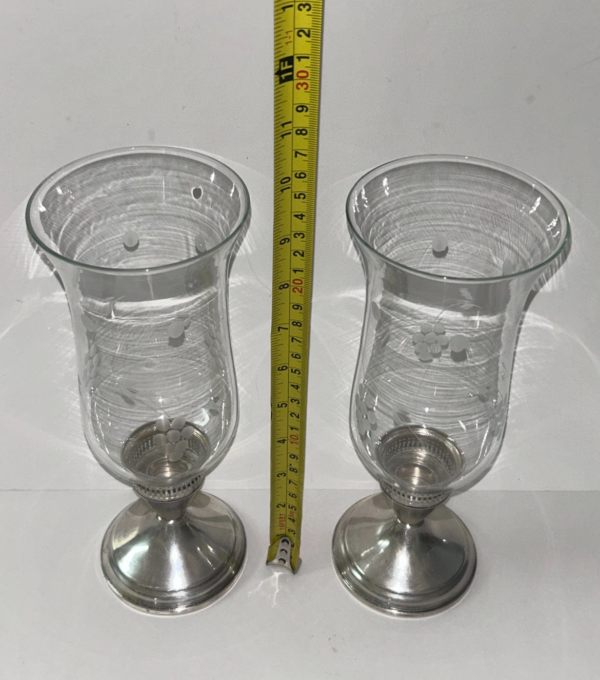Vintage Duchin Creation Sterling Silver Weighted Candlestick with Etched Glass Hurricane Shades