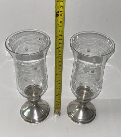 Vintage Duchin Creation Sterling Silver Weighted Candlestick with Etched Glass Hurricane Shades