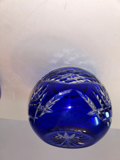 Trio of Bohemian Cobalt Blue Art Glass Vases - Hand-Painted Floral & Cut Crystal Designs