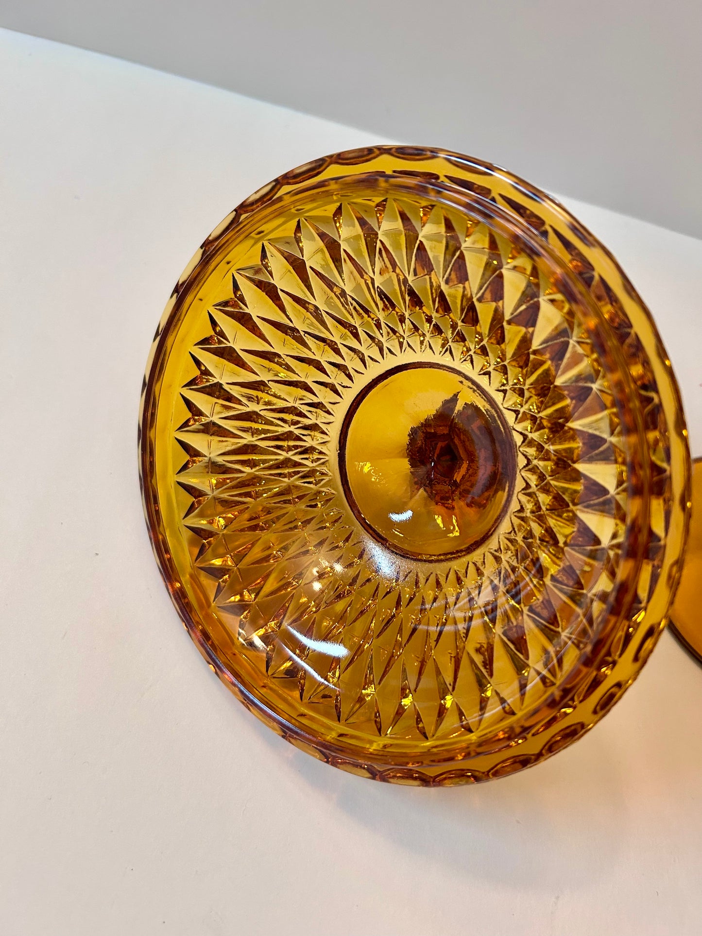 Vintage Amber Diamond Point Glass Candy Dish with Gold Trim