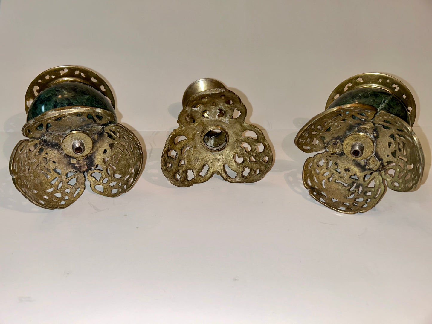 Vintage Dark Green Marble and Bronze Filigree Candle Holders(Set of 2)