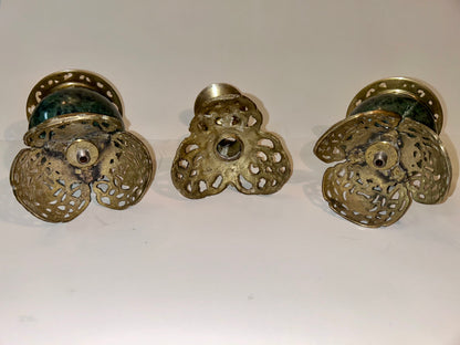 Vintage Dark Green Marble and Bronze Filigree Candle Holders(Set of 2)