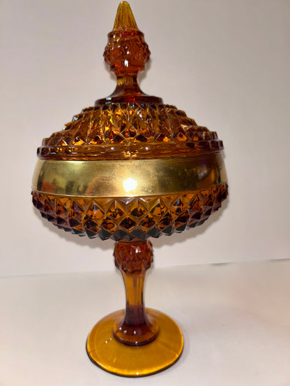 Vintage Amber Diamond Point Glass Candy Dish with Gold Trim