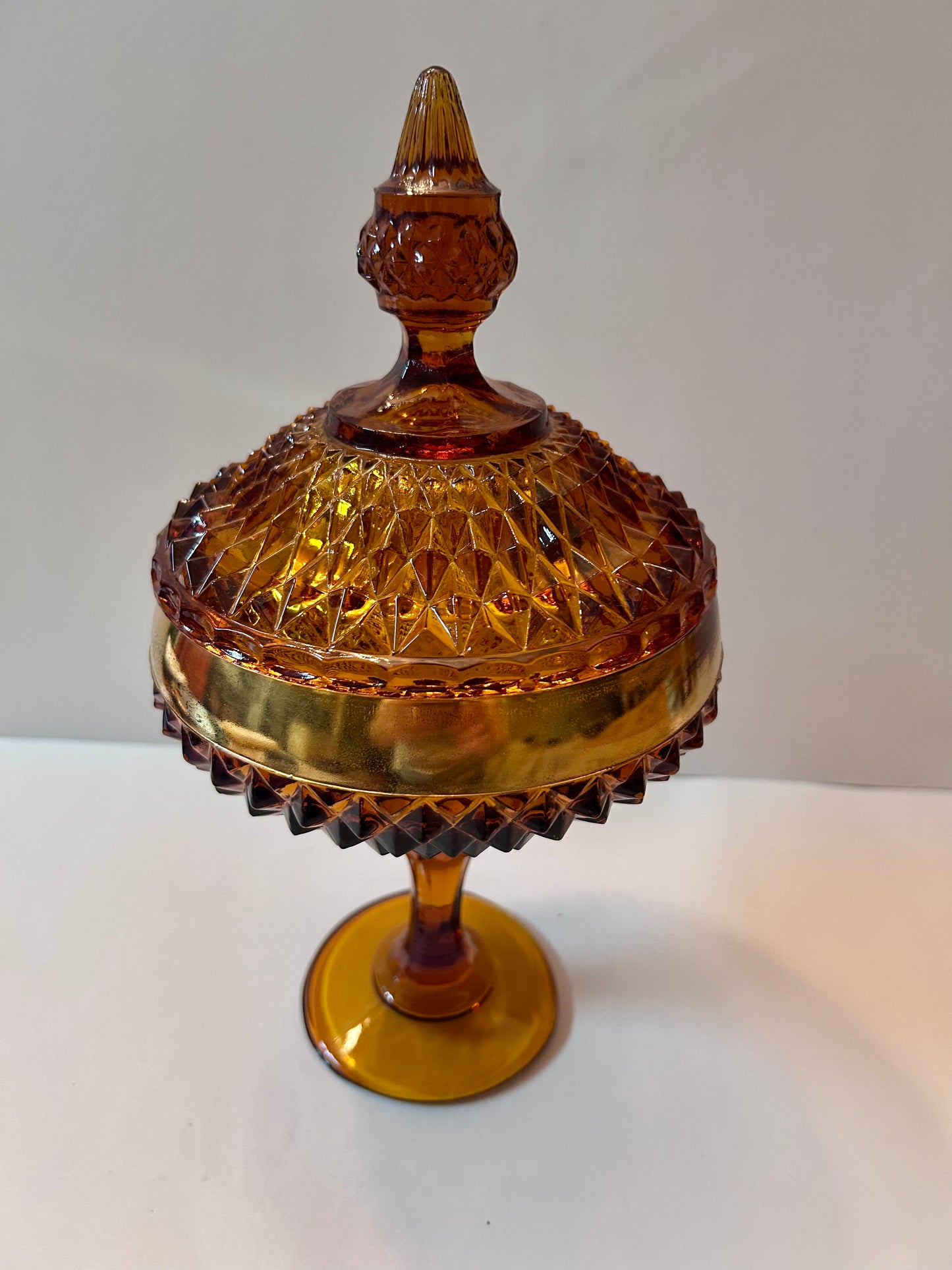 Vintage Amber Diamond Point Glass Candy Dish with Gold Trim
