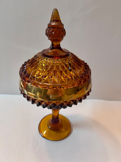 Vintage Amber Diamond Point Glass Candy Dish with Gold Trim
