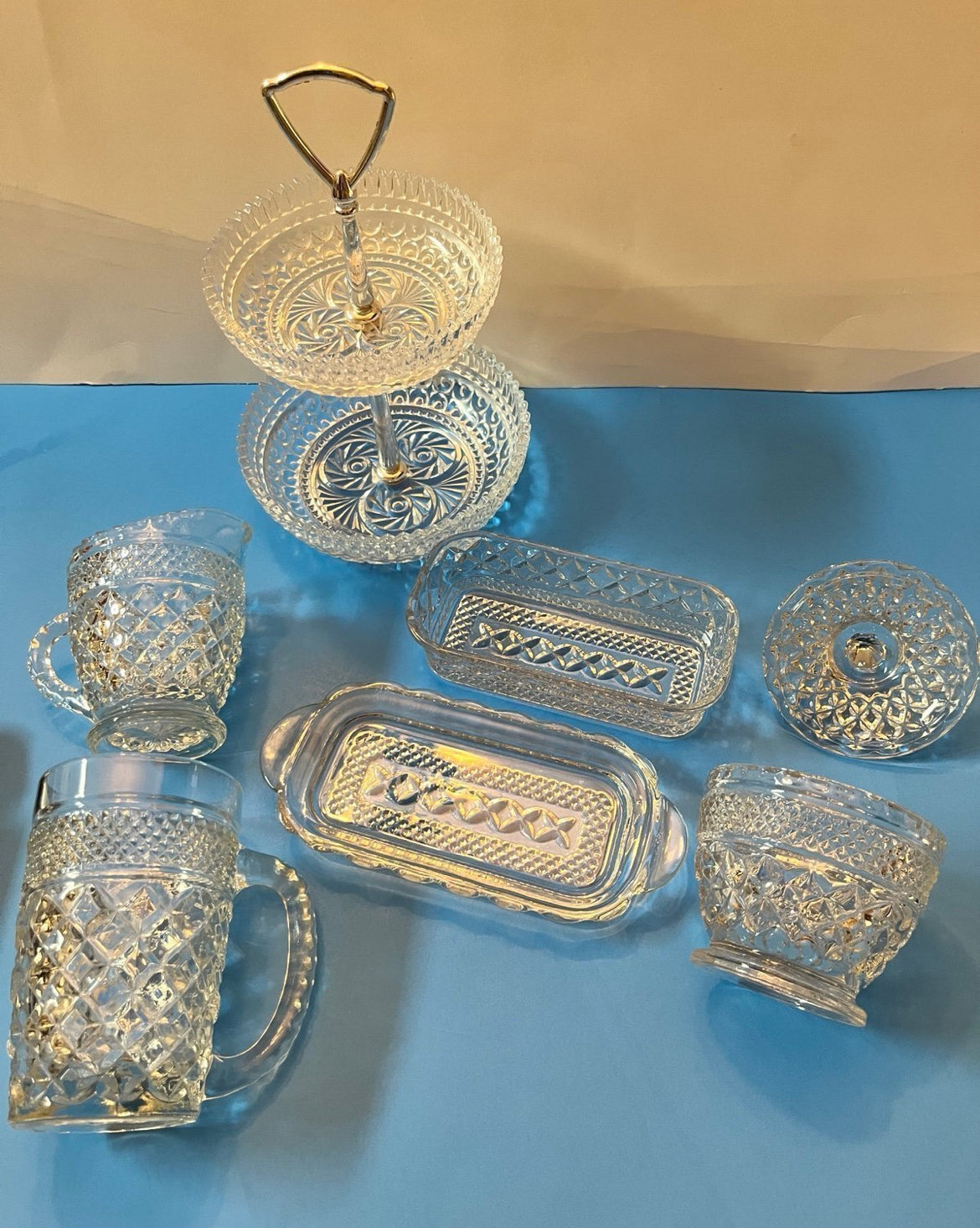 Vintage Anchor Hocking "Wexford" Pattern Pressed Glass Serving Set