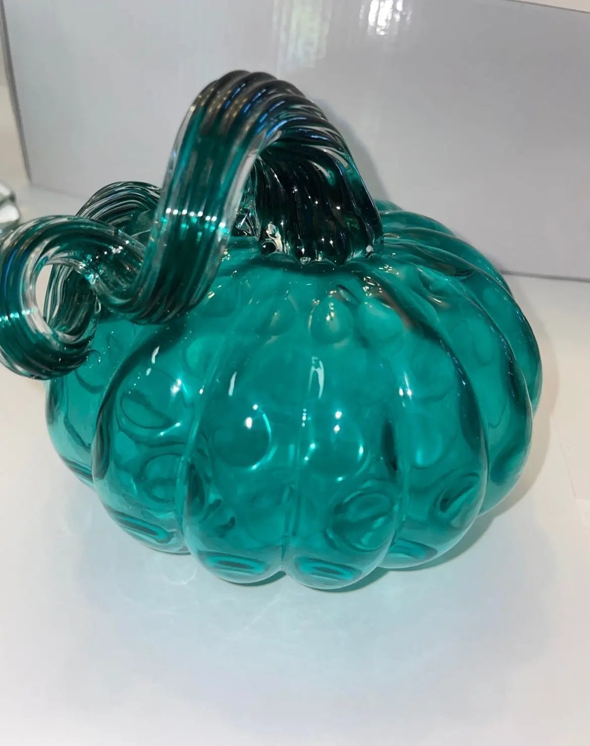 Hand-Blown Murano Art Style Teal Pumpkin - Finest Antique