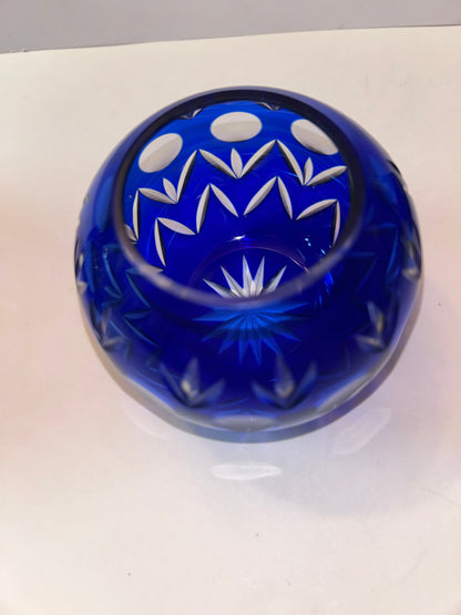 Trio of Bohemian Cobalt Blue Art Glass Vases - Hand-Painted Floral & Cut Crystal Designs