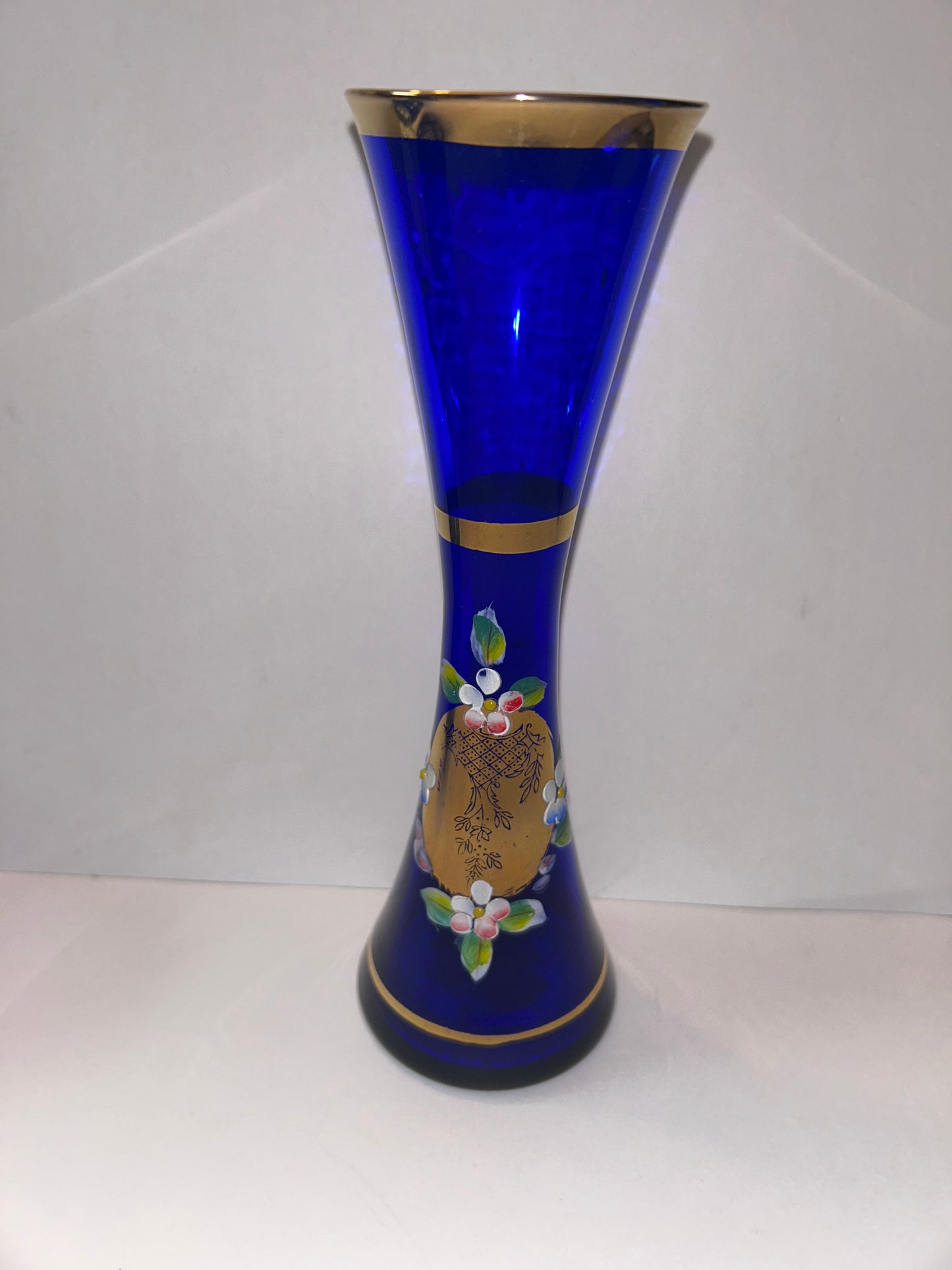 Trio of Bohemian Cobalt Blue Art Glass Vases - Hand-Painted Floral & Cut Crystal Designs