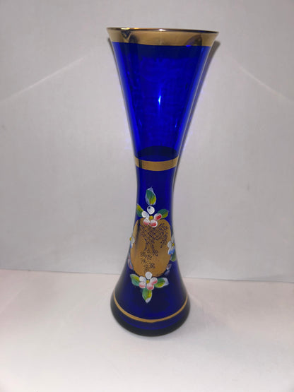 Trio of Bohemian Cobalt Blue Art Glass Vases - Hand-Painted Floral & Cut Crystal Designs