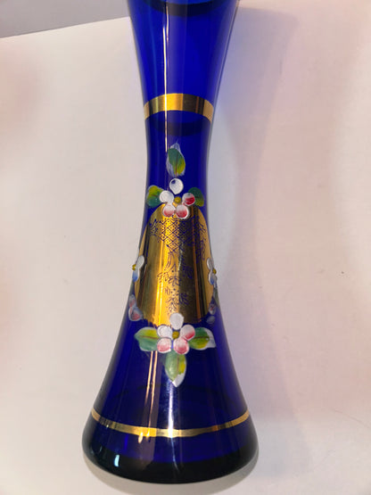 Trio of Bohemian Cobalt Blue Art Glass Vases - Hand-Painted Floral & Cut Crystal Designs