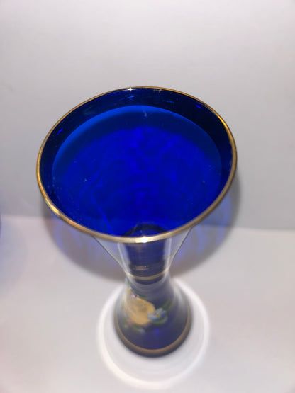 Trio of Bohemian Cobalt Blue Art Glass Vases - Hand-Painted Floral & Cut Crystal Designs