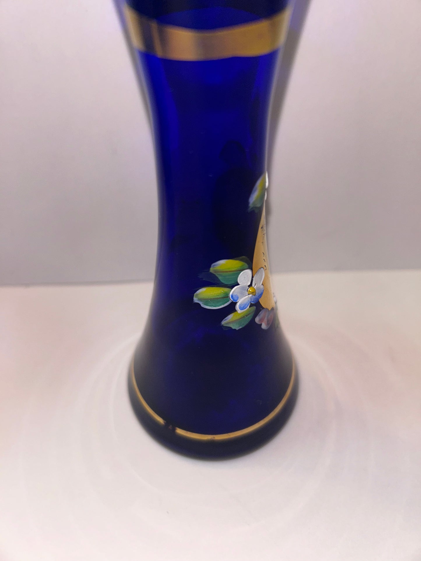 Trio of Bohemian Cobalt Blue Art Glass Vases - Hand-Painted Floral & Cut Crystal Designs