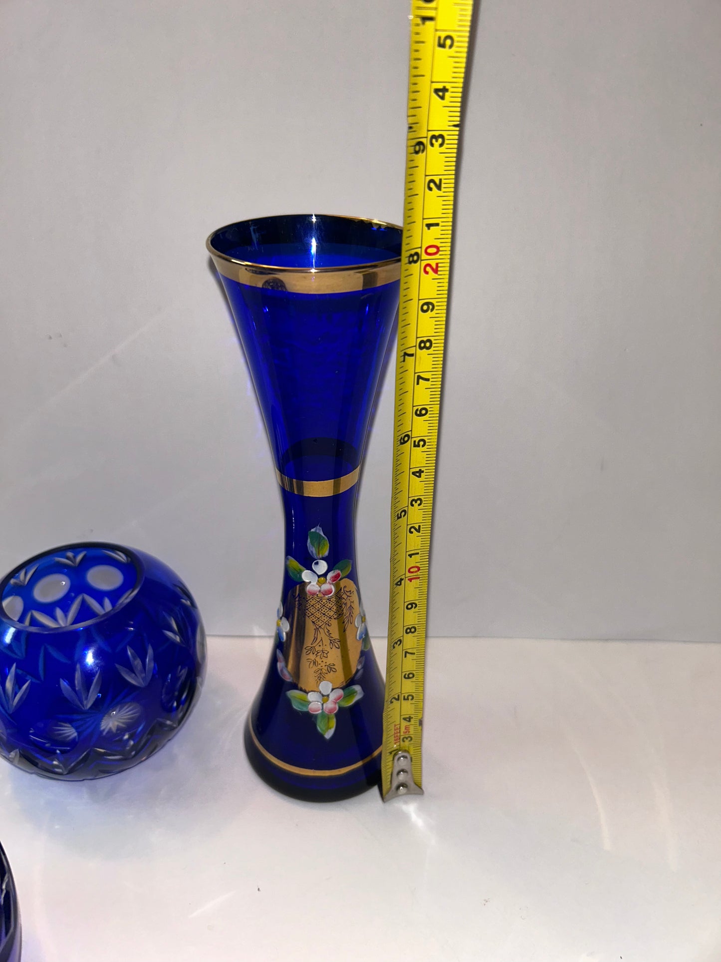Trio of Bohemian Cobalt Blue Art Glass Vases - Hand-Painted Floral & Cut Crystal Designs