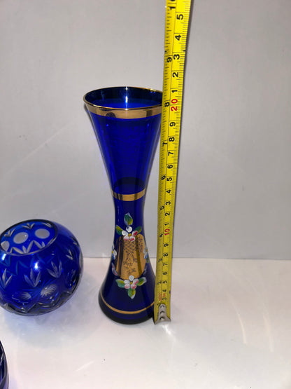Trio of Bohemian Cobalt Blue Art Glass Vases - Hand-Painted Floral & Cut Crystal Designs
