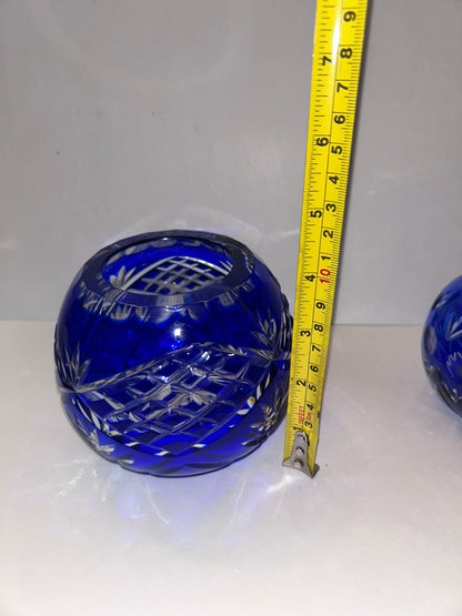 Trio of Bohemian Cobalt Blue Art Glass Vases - Hand-Painted Floral & Cut Crystal Designs