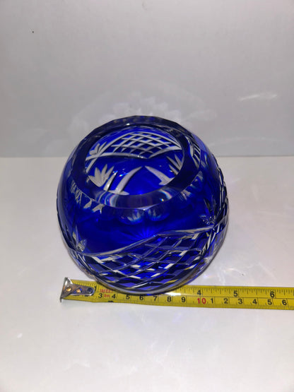 Trio of Bohemian Cobalt Blue Art Glass Vases - Hand-Painted Floral & Cut Crystal Designs