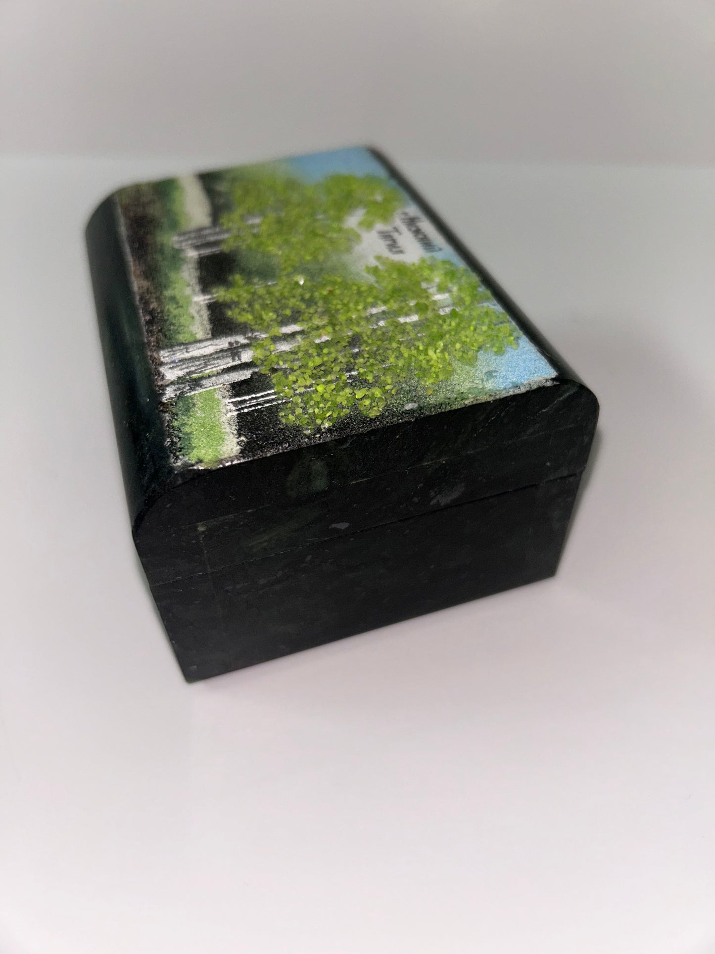 Vintage Russian Green Ural Serpentine Small Trinket Mosaic Hinged Casket - Birch Tree Scene