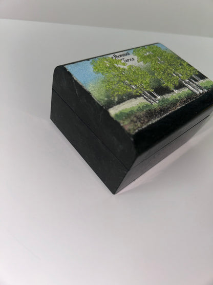 Vintage Russian Green Ural Serpentine Small Trinket Mosaic Hinged Casket - Birch Tree Scene