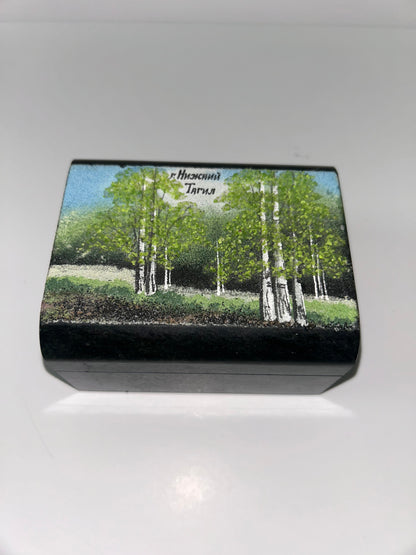Vintage Russian Green Ural Serpentine Small Trinket Mosaic Hinged Casket - Birch Tree Scene