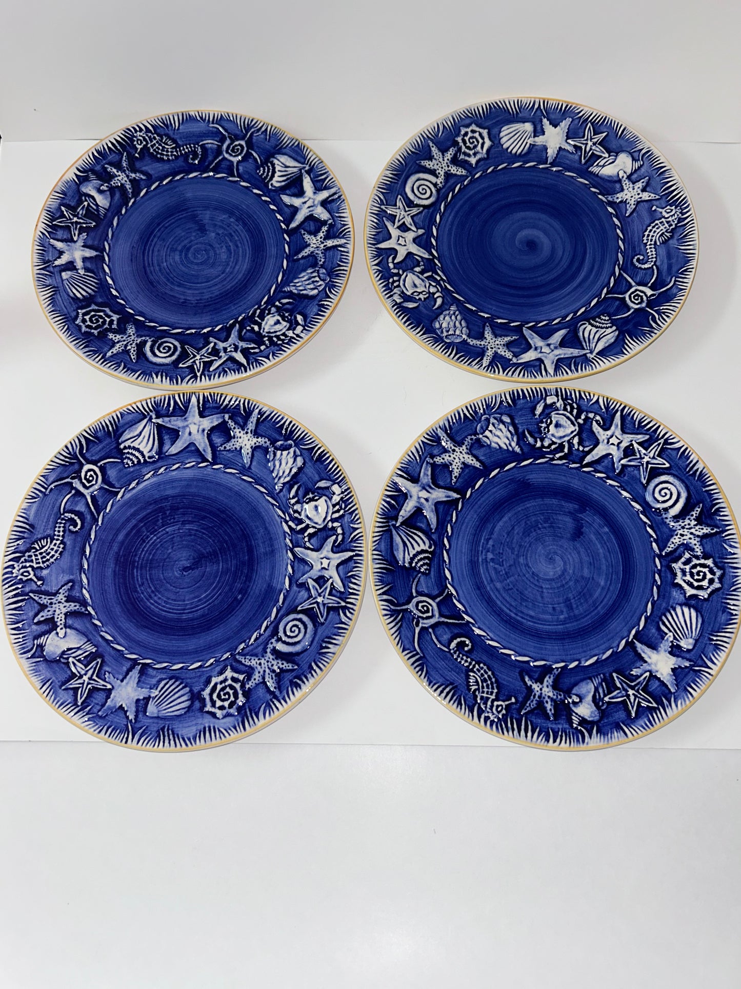 Unique Portuguese Coastal Treasures Stoneware/Ceramic Glazed (11”) Dinner Plates (Set of 4)