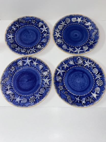 Unique Portuguese Coastal Treasures Stoneware/Ceramic Glazed (11”) Dinner Plates (Set of 4)