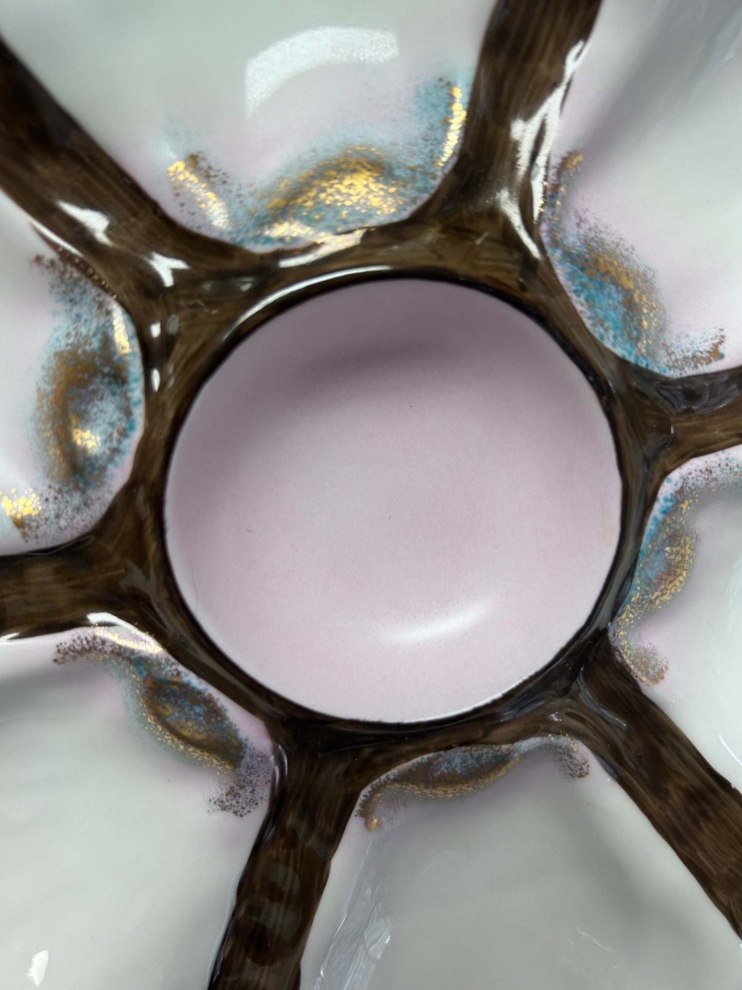 Vintage 6-Well Oyster Plate with Iridescent Pink Center