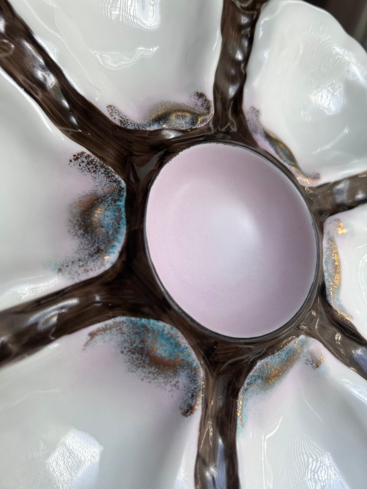 Vintage 6-Well Oyster Plate with Iridescent Pink Center
