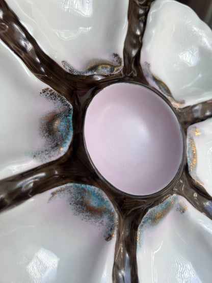 Vintage 6-Well Oyster Plate with Iridescent Pink Center