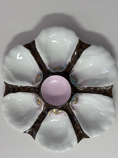 Vintage 6-Well Oyster Plate with Iridescent Pink Center
