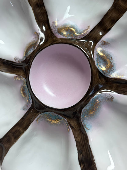 Vintage 6-Well Oyster Plate with Iridescent Pink Center