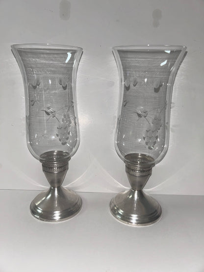 Vintage Duchin Creation Sterling Silver Weighted Candlestick with Etched Glass Hurricane Shades