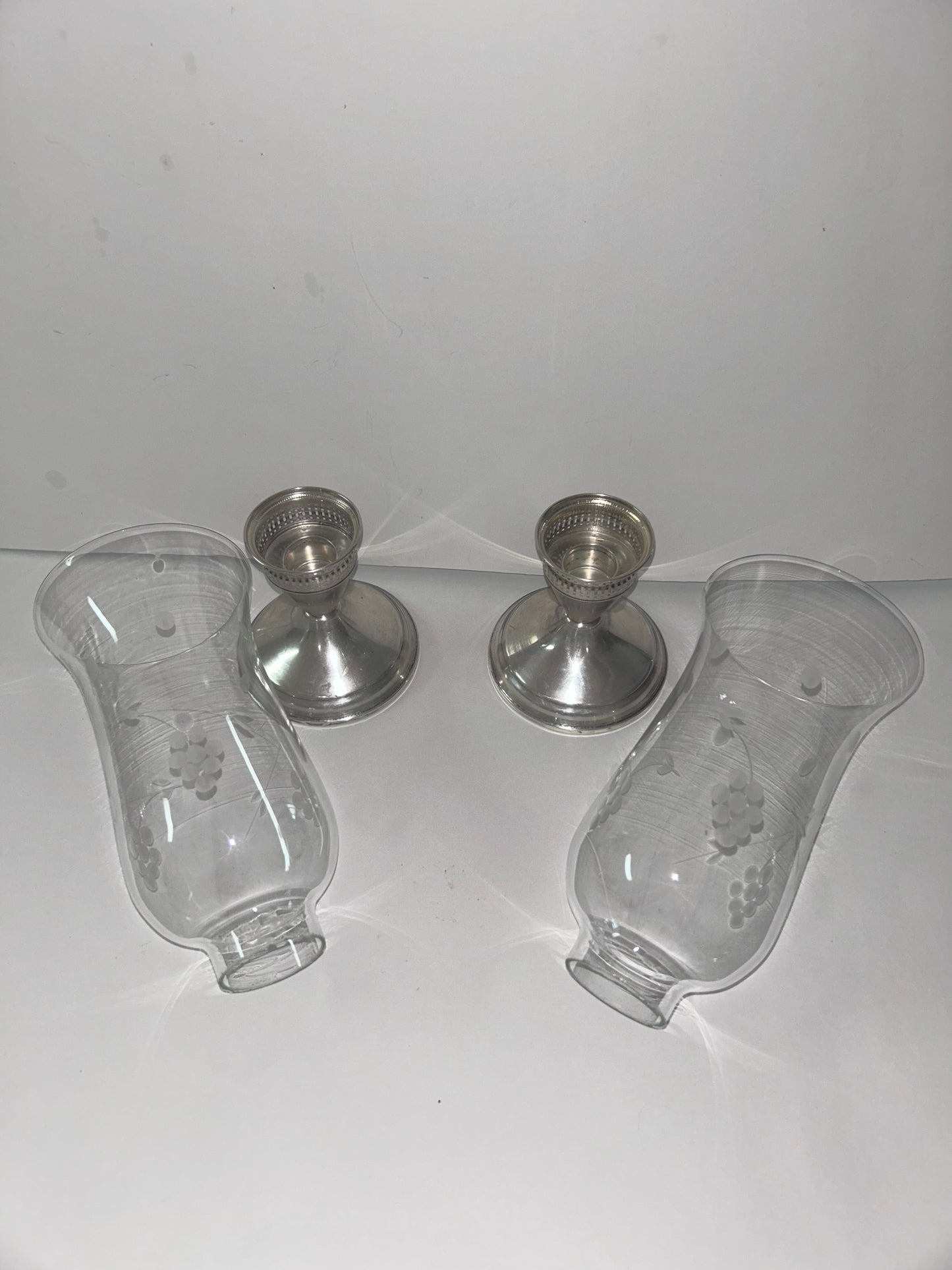 Vintage Duchin Creation Sterling Silver Weighted Candlestick with Etched Glass Hurricane Shades