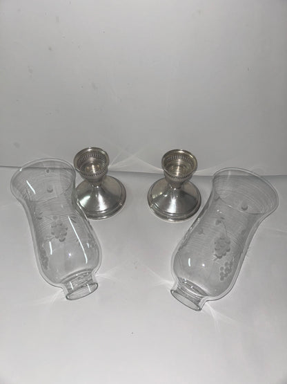 Vintage Duchin Creation Sterling Silver Weighted Candlestick with Etched Glass Hurricane Shades